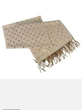 Lands End Gold Metallic Polka Dot Fringe Beige Scarf